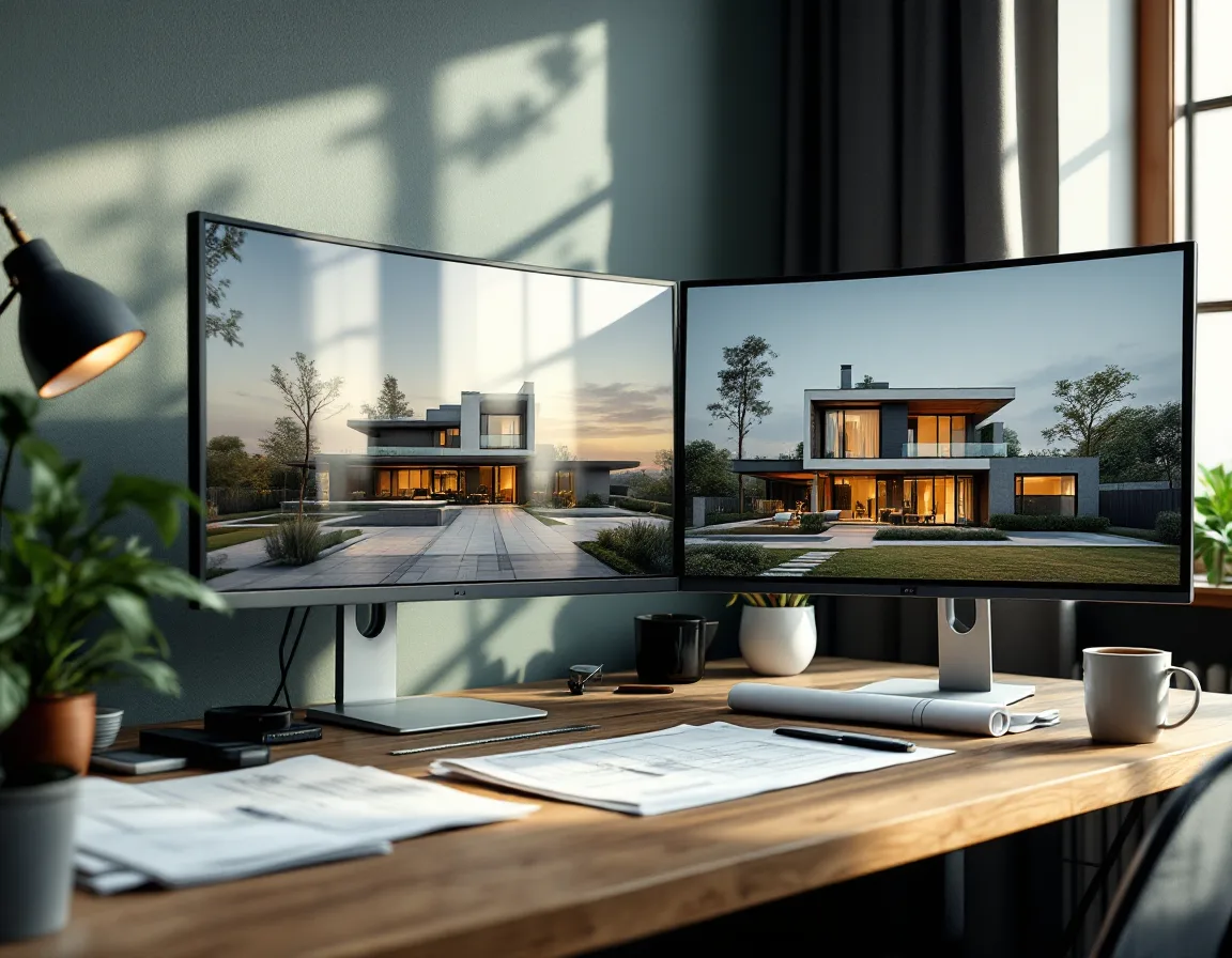 The Kettle & Rule studio desk — dual monitors showing a rendering in progress beside printed architectural plans and a scale rule, warm afternoon light