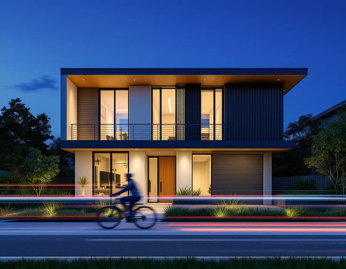 Photoreal blue-hour exterior rendering with accurate shadows and soft light trails