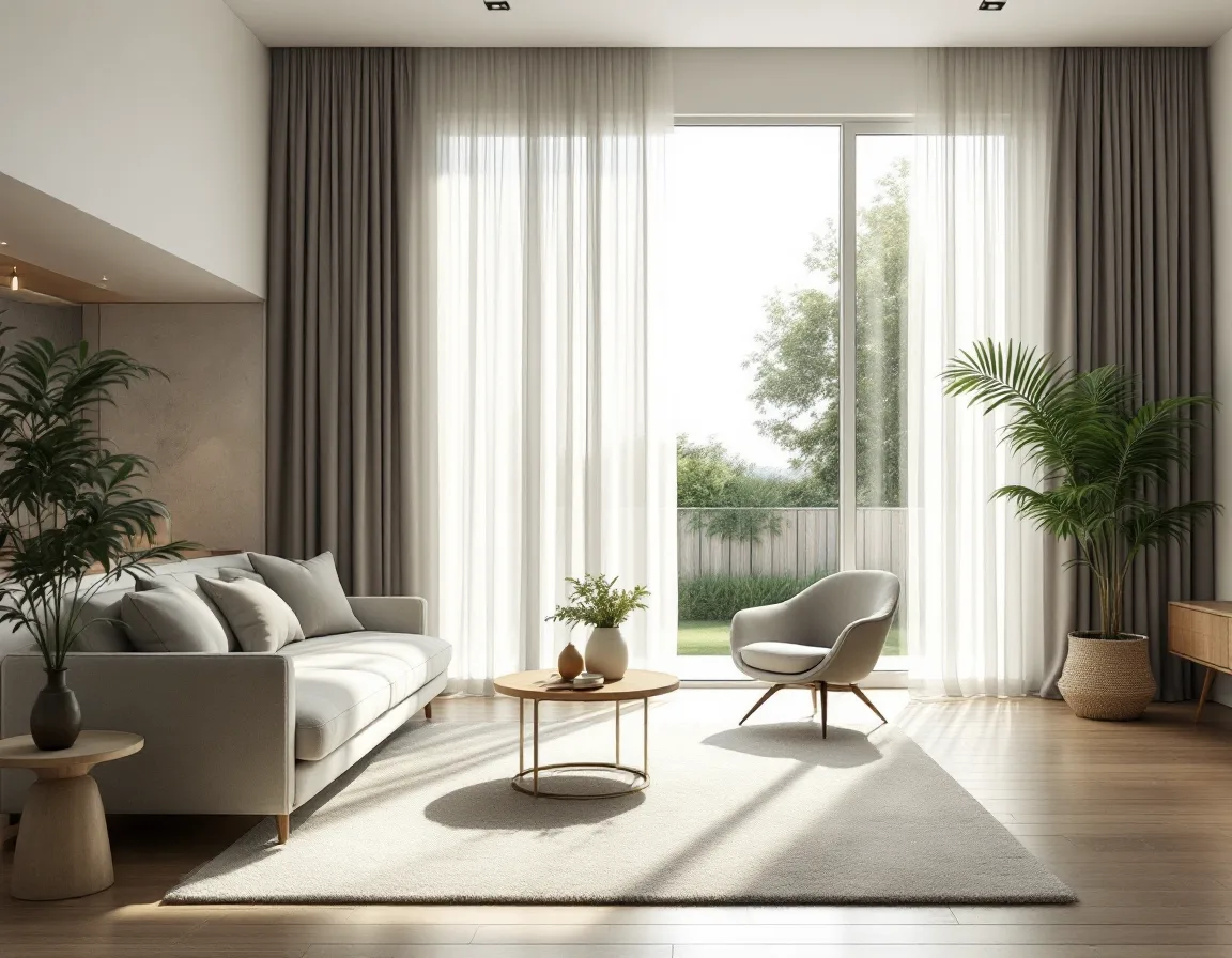 Photoreal sunlit interior rendering with specified finishes and soft light